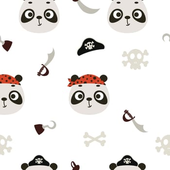 Cute little pirate panda head seamless childish pattern. Funny cartoon animal character for fabric, wrapping, textile, wallpaper, apparel. Vector illustration