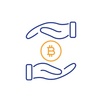 Two Hand holding Bitcoin coin icon. Save Money line icon. Global Cryptocurrency coin. Gold Bitcoin icon. Payment, safety money, protection of currency. Editable stroke. Vector illustration.