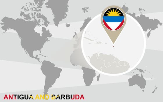 World map with magnified Antigua and Barbuda. Antigua and Barbuda flag and map.