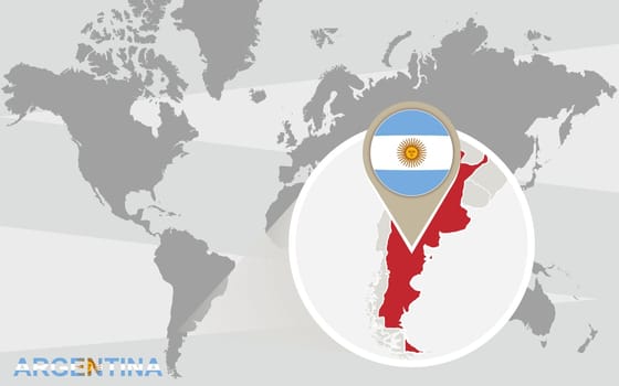 World map with magnified Argentina. Argentina flag and map.
