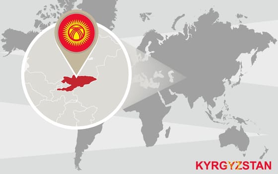 World map with magnified Kyrgyzstan. Kyrgyzstan flag and map.