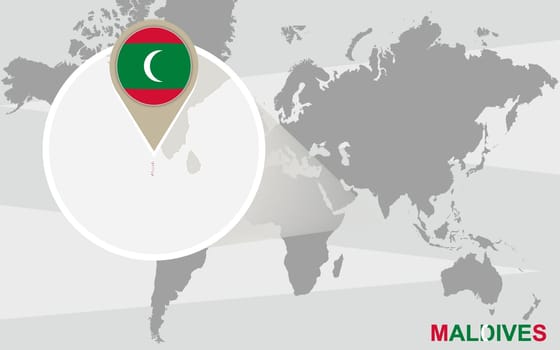 World map with magnified Maldives. Maldives flag and map.