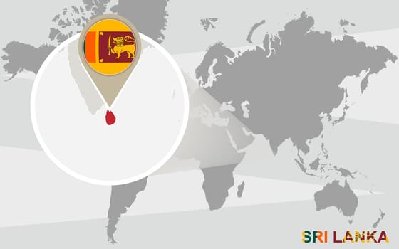 World map with magnified Sri Lanka. Sri Lanka flag and map.