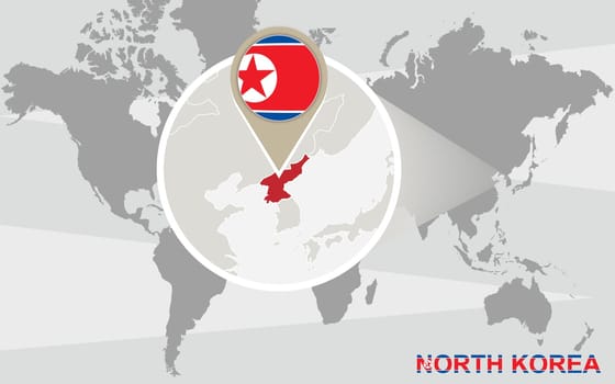 World map with magnified North Korea. North Korea flag and map.