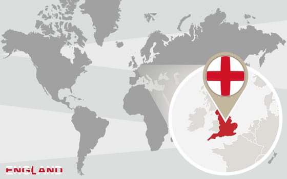 World map with magnified England. England flag and map.