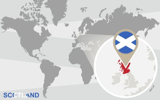 World map with magnified Scotland. Scotland flag and map.