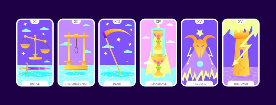 Tarot cards flat deck cartoon. Taro card major arcanas Include of justice, hanged man, death, temperance, devil and tower occult vector game set. Full pack with esoteric magic and astrology symbols. Isolated colored graphic illustrations