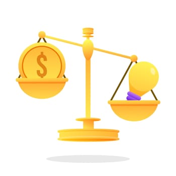 Weigher gold business Idea and money stack balance on scale. libra Idea is money concept. Investment in an idea. Vector illustration in flat style