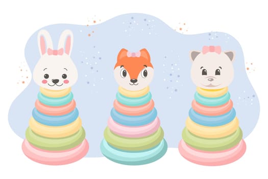 Children's toys pyramids, bunny, cat and fox. A set of pyramides. Pastel colors. Illustration, vector