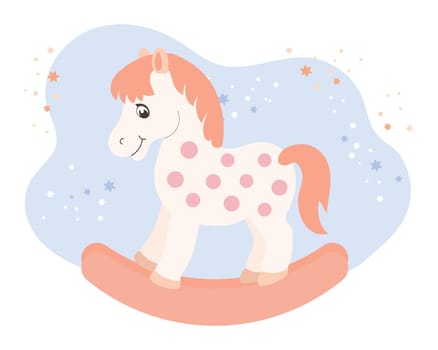 Children's toy rocking horse on a background of stars. Children's card, vector