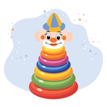 Children's toy pyramid with a clown's head. Clown pyramid on a background with stars. Illustration, vector