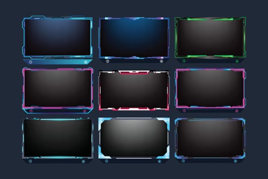 Live broadcast screen panel bundle design with colorful lines and neon effects. Futuristic streaming screen frame set vector with a dark screen. Online gaming overlay design collection for gamers.
