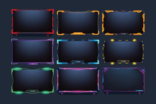 Futuristic gaming overlay and online screen panel bundle with red, yellow, and purple colors. Live streaming overlay collection with abstract shapes. Modern gaming overlay set vector.