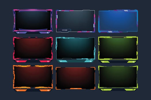 Live streaming and gaming frame bundle design with neon effect. Broadcast screen overlay set vector with green, yellow, and purple colors. Futuristic online gaming overlay vector collection.