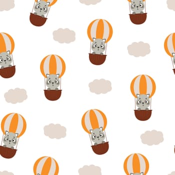 Cute little raccoon flying on hot air balloon seamless childish pattern. Funny cartoon animal character for fabric, wrapping, textile, wallpaper, apparel. Vector illustration