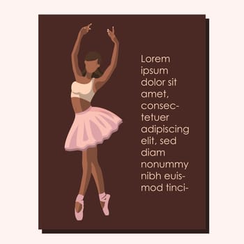 African American faceless ballet dancer in a pink tutu and pointe shoes dancing on a brown background with copy space, text Lorem Ipsum. Vector illustration in flat style