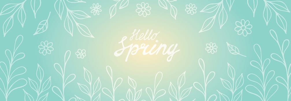 Hello Spring horizontal banner template. Hand drawn vector illustration of white contour leaves and flowers on light blue gradient background with lettering.