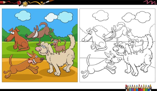 Cartoon illustration of playful dogs comic characters group in the park coloring page