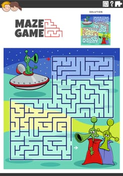 Cartoon illustration of educational maze puzzle activity for children with funny alien characters