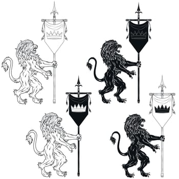 Vector design of rampant lion with medieval pennant, heraldic symbol of European Middle Ages