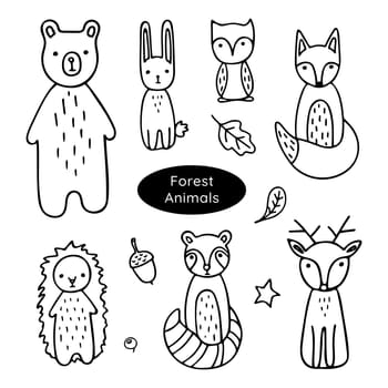 Doodle Woodland Animals set. Hand drawn vector illustration forest dwellers isolated on white background. Cute bear, deer, fox, rabbit, raccoon, hedgehog and owl.