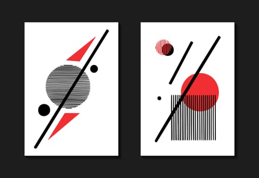 Two Poster template with geometric composition in red and black colors. Vector illustration constructivism style. Design for interior decor, flyers or cover.