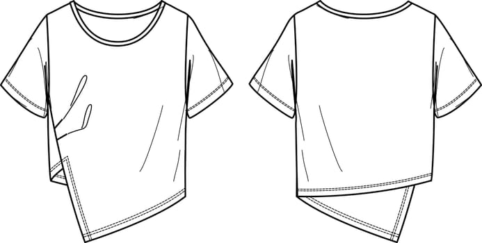 Vector short sleeved T-Shirt fashion CAD, woman round neck top with cut-out detail technical drawing, template, flat, sketch. Jersey or woven fabric blouse with front, back view, white color