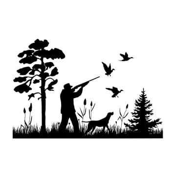 Hunter with dog aiming with his rifle on ducks. Outdoor hunting scene. Vector silhouette of hunting isolated on white.