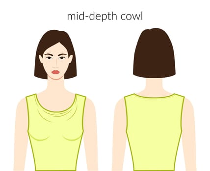 Mid - depth cowl neckline clothes character beautiful lady in yellow top, shirt, dress technical fashion illustration fitted body. Flat apparel template front, back sides. Women, men unisex CAD mockup