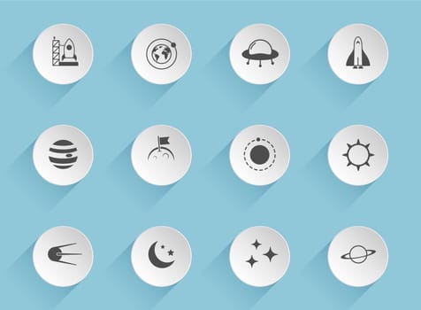 space vector icons on round puffy paper circles with transparent shadows on blue background. space stock vector icons for web, mobile and user interface design