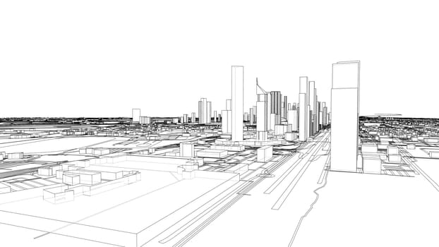 Outline city concept vector. Wire-frame style. The layers of visible and invisible lines. 3D illustration