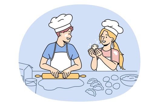 Baking and leisure fun concept. Happy excited children kids standing wearing chef hats cooking baking dumplings together in kitchen vector illustration