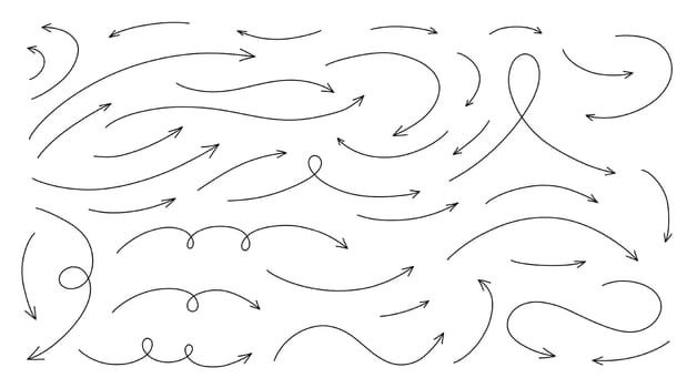 Hand drawn thin line arrows set. Vector curvy and wavy arrows isolated on white.