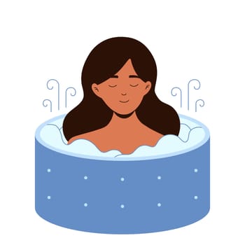 Young female girl character is happy relaxing in hot sauna bath. Woman is sitting and enjoing in sauna. Flat cartoon vector illustration