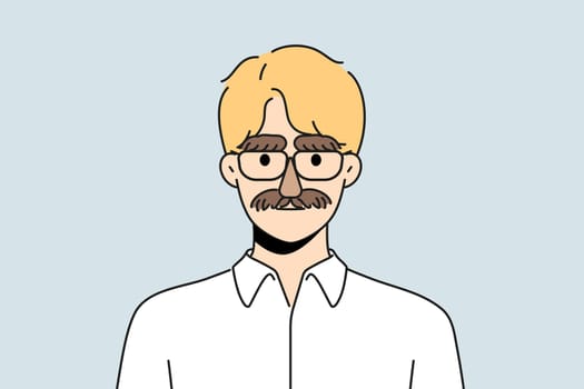 Businessman with thick moustache and eyebrows disguise look at camera. Serious man employee wearing mask of mustache and brows. Vector illustration.