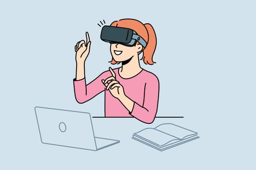 Smiling girl child sit at desk studying with VR glasses. Happy kid in virtual reality headset use stimulator for learning. Education and technology. Vector illustration.