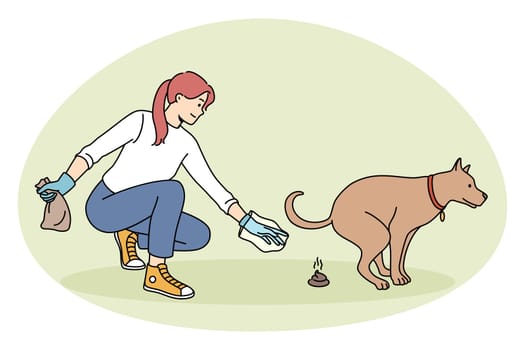 Taking care of pets and environment concept. Young woman cleaning ground from her dogs poo in gloves with bag thinking of environment vector illustration