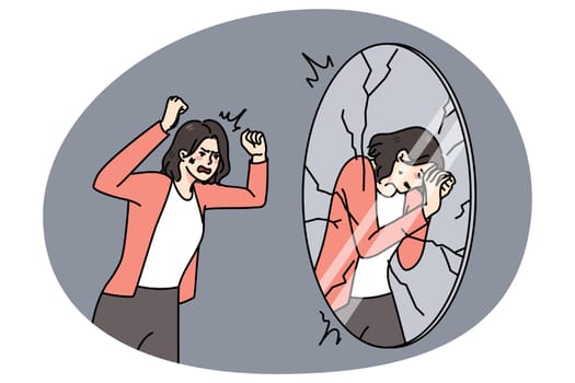 Furious young woman shot yell at mirror reflection, shaming and blaming. Angry man female suffer from mental or psychological problems. Self-judgement and criticism. Vector illustration.