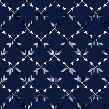 Geometric nordic seamless pattern background with repetitive crossed arrows on blue backdrop for Christmas theme designs.vector illustration