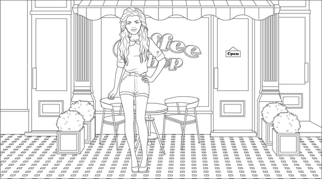 Hipster Girl Coloring Page with a Coffee Shop Window Background. Vector Illustration