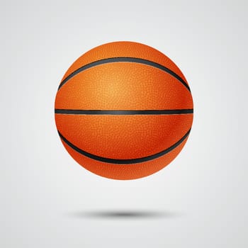 Three-dimensional single basketball in front view on a light background. Vector EPS10 illustration