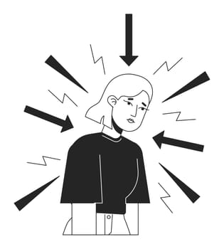 Overthinking disorder bw concept vector spot illustration. Stressed woman under anxiety attack 2D cartoon flat line monochromatic character for web app UI design. Editable outline hero image