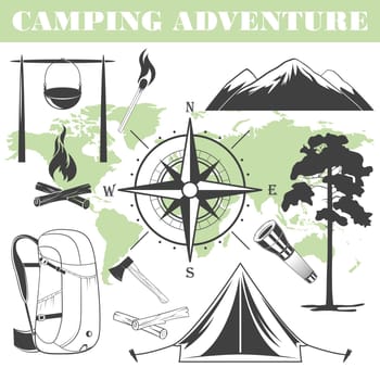Set of black and white camping elements. Vector silhouettes.