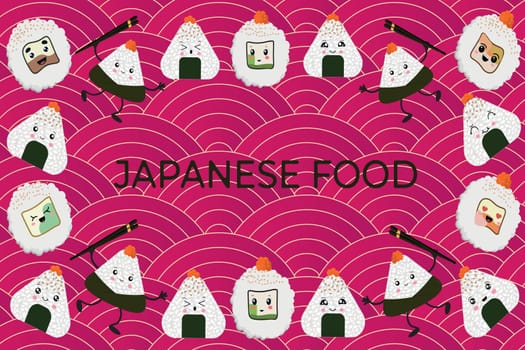 Vector illustration of Onigiri and sushi in the style of kawaii. Flat style.
