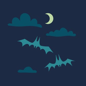 Spooky halloween background with bats and moon, cartoon style. Trendy modern vector illustration, hand drawn, flat design.
