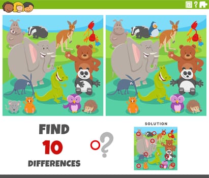 Cartoon illustration of finding the differences between pictures educational game with funny animal characters