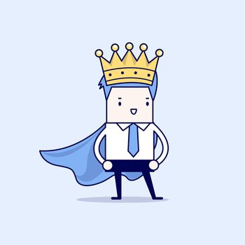 Businessman wearing a crown. Cartoon character thin line style vector.