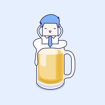 Businessman relaxing in a beer mug. Cartoon character thin line style vector.