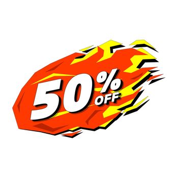 Hot discount 50 percent off. Promotion fire sale label.
