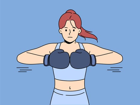 Powerful woman in sportswear with boxing gloves prepare for training or workout in gym. Strong girl boxer ready for workout. Sport and exercising. Vector illustration.
